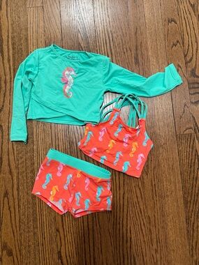 Hatley Girls Turquoise Rash Guard & Coral Seahorse Tankini and Shorts